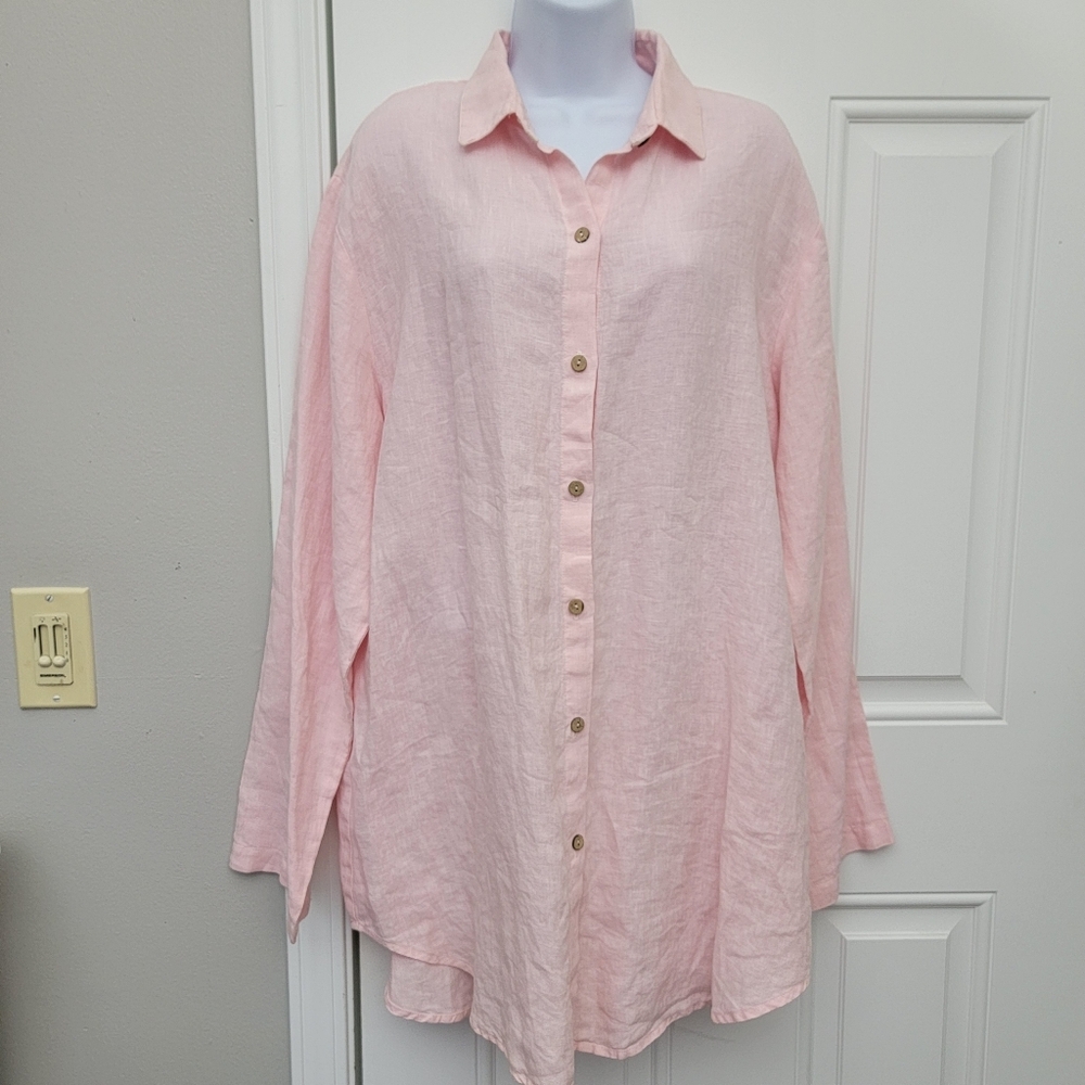 Soft Surroundings 100% Linen Light Pink Button Down Tunic Top Feminine Lg Tall